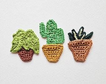 Crochet plants applique house plants in pot green leaves patches for clothes indoor plants decorations for card making - set of 3