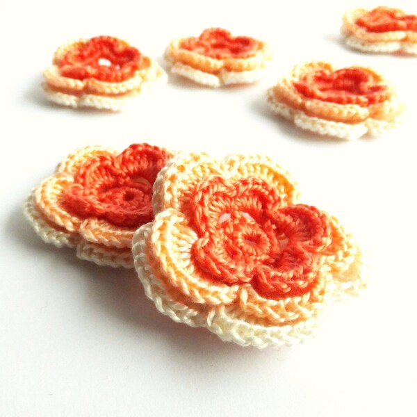 Crocheted flower embellishments, applique, scrapbooking salmon, peach pink, beige /set of 6/