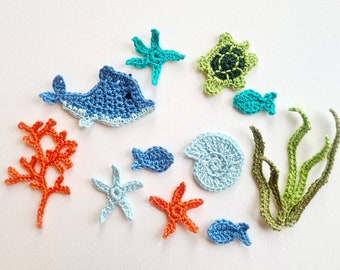 Ocean life appliques Sea creatures Fish applique Dolphin Sea theme decorations Sea stars Sea shells Crochet patches for clothing kids
