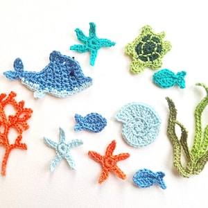 Apliques de vida marina Criaturas marinas Apliques de peces Delfín Decoraciones con temática marina Estrellas de mar Conchas marinas Parches de crochet para ropa de niños