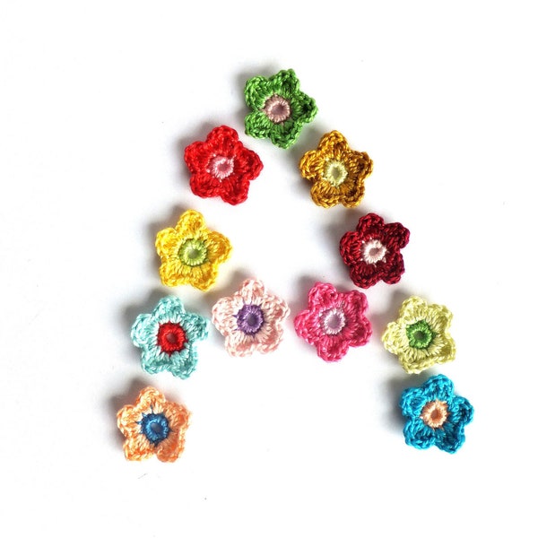 Colorful flowers applique - tiny flowers - crochet flowers embellishments - kids party decorations - applique for DIY project - set of 11