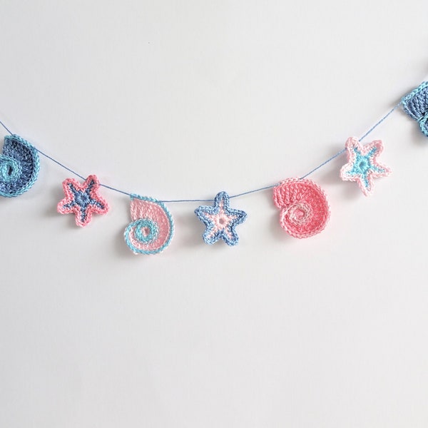 Beach party garland Summer decor Beach theme garland Crochet sea shells bunting Beach wedding decorations starfish garland ~32 inches