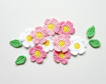 Crochet flowers applique with leaves Apple blossoms applique Spring flowers embellishment Pink flowers with yellow center patches - set of 9