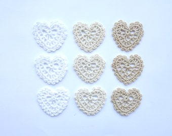 Crochet lace hearts applique - Valentines day decor - rustic wedding decorations - wedding favors - gift wrapping decorations - set of 9