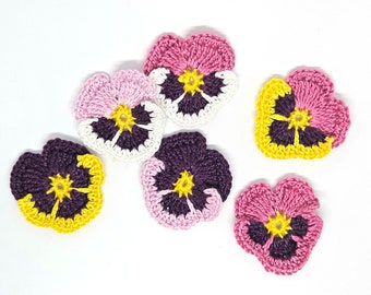 Crochet flowers appliques Crochet pansies patches for Kids clothes embellishment Summer flowers decoration sew on  - set of 6