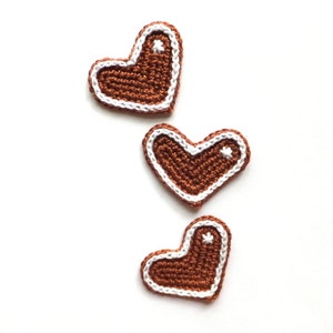 Crochet gingerbread hearts cookies applique Holiday ornament Holiday gift wrapping Christmas patches sew on Gingerbread applique - set of 3