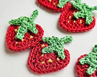 Crochet strawberries applique Summer fruits embellishments Red strawberries patches for kids party decor for clothes bags - set of 6
