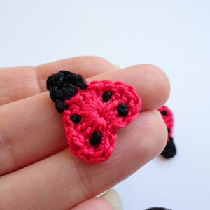 Puede incluir: Primer plano de una mariquita de ganchillo con cuerpo rojo, manchas negras y alas negras.