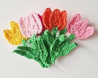 Crochet tulips applique  Spring decoration crochet flower applique pastel floral patches sew on Easter patches - set of 5