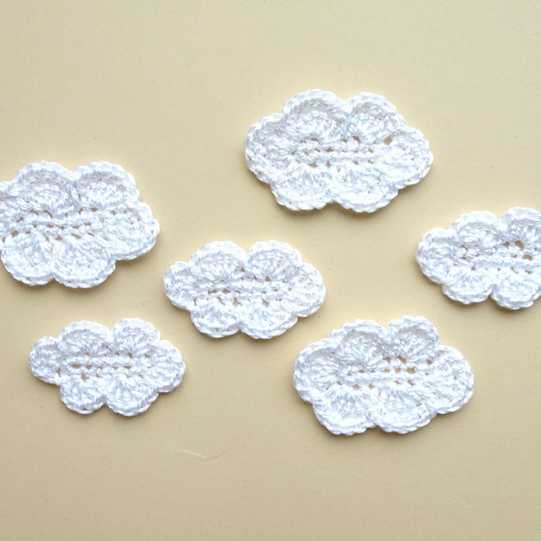 Crochet clouds applique White cloud patches for kids party decoration Clouds embellishment for DIY kids craft project - set of 6