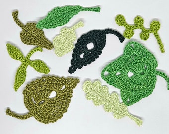 Crochet leaves applique Garden patches Green leaves patches for clothes  Decorations for card making Rustic spring appliques - set of 9