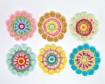 Crochet mandala circles Colorful mandala decorations Floral applique Fun mandala patches for clothes DIY project applique - set of 6