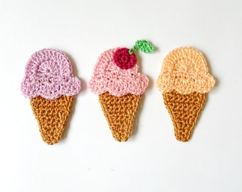 Ice cream cone applique - crocheted kids applique - ice cream party decorations - crochet ice cream cones - kids party decor - set of 3