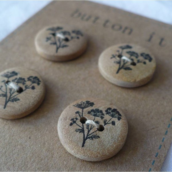 Buttons, wooden, hand stamped, botanical, black archival ink