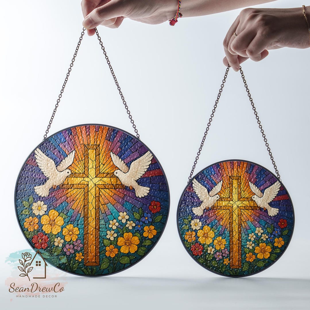Stained Glass Cross and Doves Suncatcher – Christian Window Hanging ...