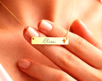 Dainty Cross Name Necklace Feminine | Engraved Sideways Name Bar Cross Necklace | Minimalist Cutout Cross Bar | Gift for Baptism, Birthday