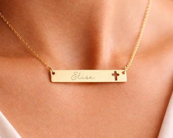 Engraved Bar Cross Necklace | Minimalist Stainless Steel Faith Jewelry