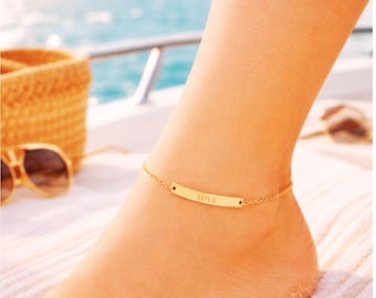 Dainty Gold Anklet Personalized Bar Chain, Minimalist Gold or Silver , Waterproof Summer Jewelry, Engravable Stainless Steel