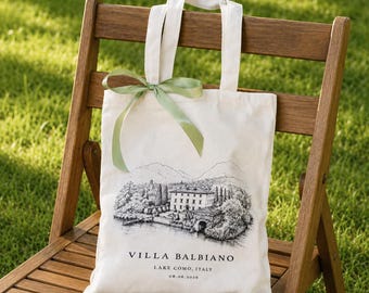 Bolsa de tela personalizada con ilustración del lugar del evento, bolsa con logotipo personalizado, bolsa para eventos corporativos, bolsa de bienvenida para bodas en el Lago de Como.