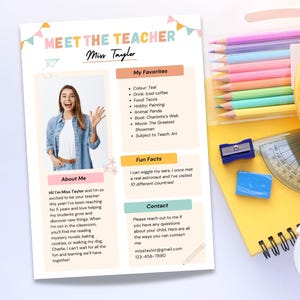 Modèle Rencontrez l&#39;enseignant pastel | Joli design sur toile modifiable | Fiche de présentation de l&#39;enseignant à téléchargement immédiat