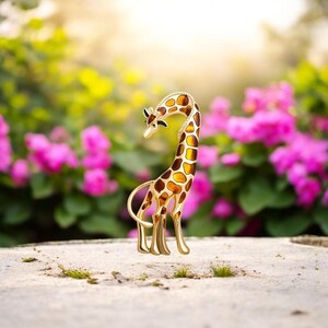 Peut inclure: Broche girafe dorée avec des taches marron et jaunes. La broche est posée sur une surface en pierre avec un arrière-plan flou de fleurs roses et de feuillage vert. La girafe a un cou courbé et une boucle à l'arrière.