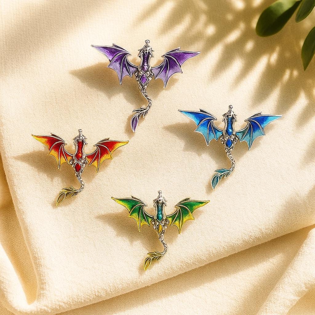 Broche Vintage Dragon Ailé - Métal Doré Et Laque Noire, Marque Brevet S.G.D.G.