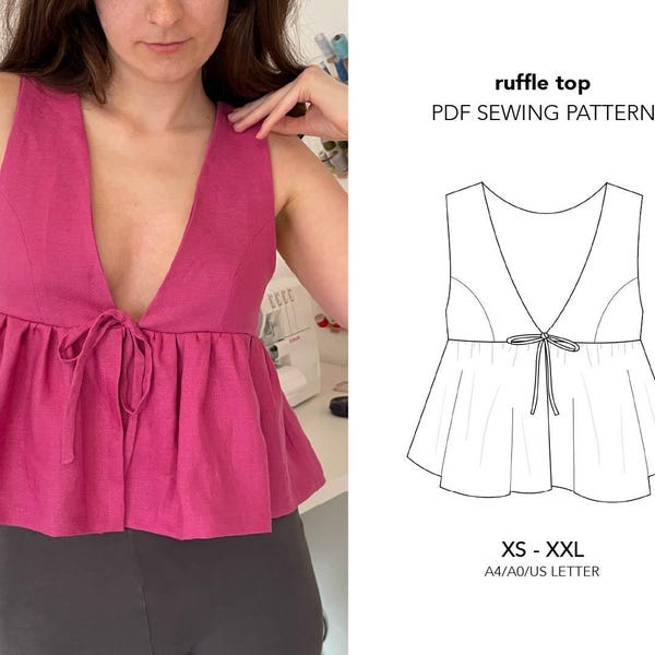 Ruffle Front Tie Top | Digital PDF Sewing Pattern | XS - XXL | Beginner friendly