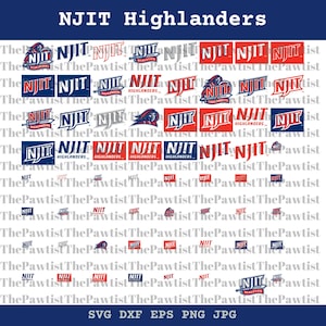 May include: A collection of NJIT Highlanders logos in various designs. The logos feature the text "NJIT" in red, white, and blue, with some including the word "Highlanders" and a graphic of a Highlander.
