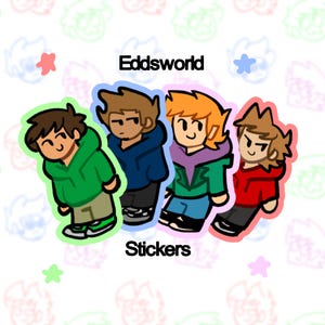 Może przedstawiać: Zestaw naklejek Eddsworld z czterema postaciami z kreskówek w bluzach z kapturem. Postacie są obrysowane na czarno i noszą zielone, niebieskie, fioletowe i czerwone bluzy z kapturem. Słowo "Eddsworld" znajduje się nad postaciami, a "Stickers" pod nimi.