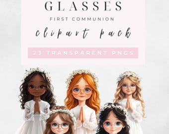 May include: A digital clipart pack of 23 transparent PNG images featuring girls wearing glasses and white dresses. The girls have different hair colors and styles, and are all looking at the viewer with their hands clasped in prayer. The text "Girls in Glasses First Communion clipart pack 23 Transparent PNGs" is displayed above the images.