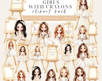 Erstkommunion Girl Clipart | Buntstifte Kommunion PNG | Weißes Kleid Mädchen Illustration | Religiöses Mädchen Clipart |  Sofort Download