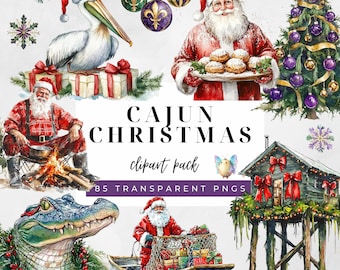 Weihnachts-Cliparts im Cajun-Stil, Aquarell-Cliparts mit Cajun-Weihnachtsmann und Alligator, traditionelle Küche aus Louisiana und dem Süden der USA, Sumpf- und Bayou-Baumszenen (PNG)