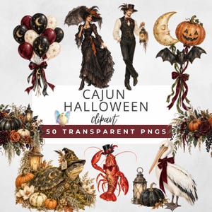 Könnte beinhalten: Eine digitale Sammlung von Cajun Halloween Cliparts mit 50 transparenten PNG-Dateien. Die Elemente umfassen Luftballons, ein viktorianisches Paar, einen Halbmond, einen Kürbis, eine Fledermaus, eine Schildkröte, einen Hummer und einen Pelikan.