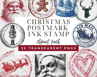 Christmas Postmark Stamp Clipart | Vintage Ink Stamp PNGs | Retro Holiday Rubber Stamps | Vintage Christmas Graphics | Ink Stamps Clipart