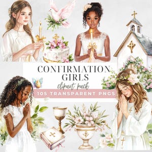 Confirmation Girls Clipart, Christian Watercolor PNG, Catholic Confirmation Clipart, Religious Girls, Church Elements, Communion Girls