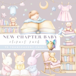 New Chapter Baby Clipart, Baby Shower Clipart, Nursery Decor, Woodland Animals PNG, Watercolor Book Clipart, New Chapter Clipart
