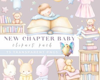 New Chapter Baby Clipart, Baby Shower Clipart, Nursery Decor, Woodland Animals PNG, Watercolor Book Clipart, New Chapter Clipart
