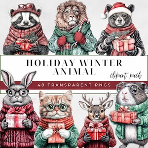 Christmas Animals Clipart - Holiday Pets and Forest Friends with Gifts & Candy Canes | Winter Animal PNG Set