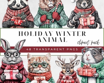 Christmas Animals Clipart - Holiday Pets and Forest Friends with Gifts & Candy Canes | Winter Animal PNG Set