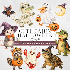 Peut inclure: Une collection d'illustrations sur le thème d'Halloween comprenant une chauve-souris, un alligator momie, un pélican fantôme avec un seau citrouille, un croissant de lune, un opossum en chapeau de sorcière, un ballon citrouille, un raton laveur en costume de citrouille, une écrevisse fantôme et une tortue en chapeau de sorcière. Texte : CUTE CAJUN HALLOWEEN clipart 55 TRANSPARENT PNGS.