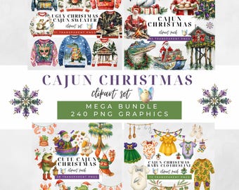 Cajun Christmas Bundle Clipart, Aquarell Cajun Santa und Alligator Clip Art, Traditionelle Louisiana & Südländische Küche, Swamp Bayou Baum Szenen