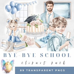 Hejdå skolan | Skolårets slut | Examen för barn PNG | Sommarlovsgrafik, presentetiketter för lärare, akvarell clipart