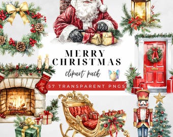 Clipart de Feliz Navidad en acuarela / PNG festivo vintage / Papá Noel, chimenea, regalos, cascanueces, árbol de Navidad, corona, linterna, flor de Pascua