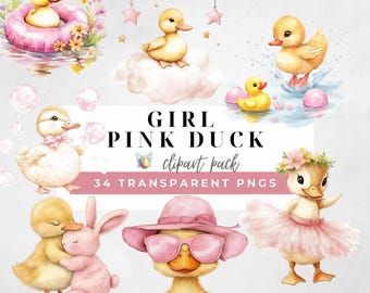 Cute Ducklings, Girl Pink Duck Clipart, One Lucky Duck Birthday Invitation, Yellow Duckling,  Adorable Rubber Duck,  Baby Shower Decor