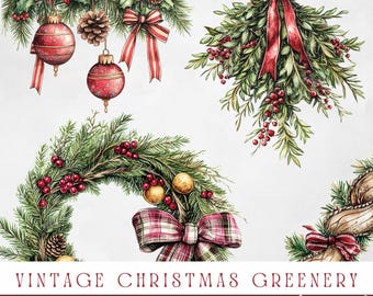 Vintage Christmas Greenery Clipart, Holiday Wreath, Watercolor Pine Clipart, Retro Holiday Clipart, Holiday Garland, Christmas Watercolor