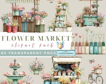 Markt Clipart | Floristenstand, Blumenkarren, Blumensträuße, Gartendekor | Aquarell Blumen | Pastell Grafiken | Markt Blume Clipart