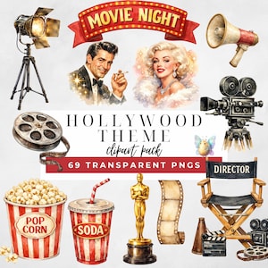 Könnte beinhalten: Aquarellillustrationen zum Thema Hollywood. Enthält einen Kinostrahler, eine Filmrolle, einen Popcorn-Eimer, einen Soda-Becher, einen Regiestuhl, eine Filmkamera und den Text "Movie Night". Enthält auch Illustrationen eines Mannes, einer Frau und einer Oscar-Statue.
