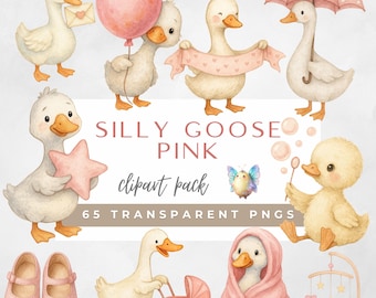 Pink Goose, Silly Goose Baby Shower Clipart, Pink Goose with Balloon, Watercolor Decor, Cute Vintage Farm Animal, Whimsical Nursery Art
