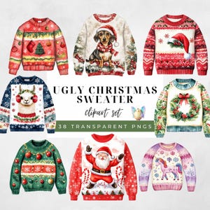 May include: A collection of watercolor-style "Ugly Christmas Sweater" designs. The sweaters feature festive themes like a dachshund in a Santa hat, a llama, Santa Claus, and a unicorn. The image includes the text "Ugly Christmas Sweater clipart set" and "38 transparent PNGs".