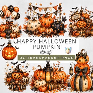May include: A digital collection of Halloween-themed clipart featuring orange, black, and white pumpkins, lanterns, bats, and festive banners. The text reads HAPPY HALLOWEEN PUMPKIN clipart 23 TRANSPARENT PNGS. The designs include stacked pumpkins, bows, and autumn leaves.